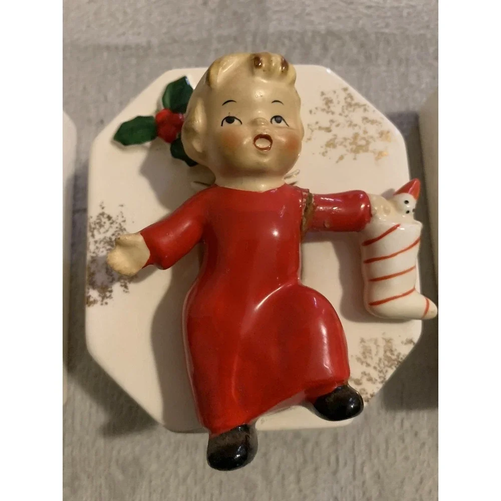 4 Napco NOEL Christmas Angel Candle Holder Wall Pocket Figurines 1956 Japan VTG